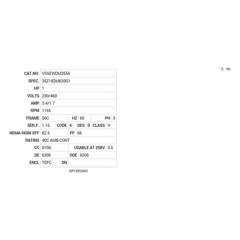 VSSEWDM3556 Baldor 1 HP, 1155 RPM, 3 PH, 60 HZ, 56C, 3537M, TEFC, F1, N Motor Nameplate - view 2