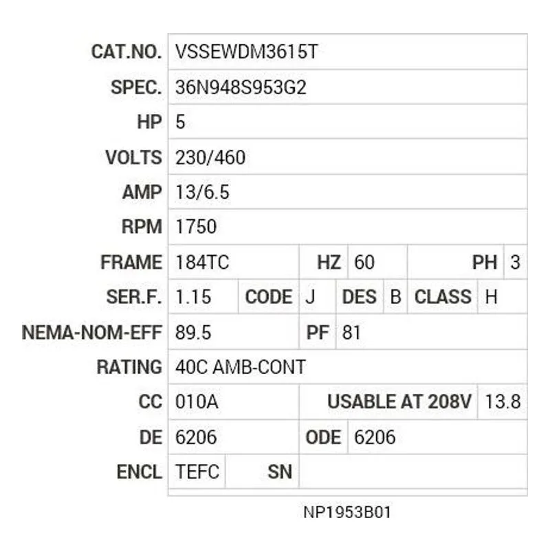 VSSEWDM3615T Baldor 5 HP, 1750 RPM, 3 PH, 60 HZ, 184TC, 3646M, TEFC, F1 Motor Nameplate - view 2