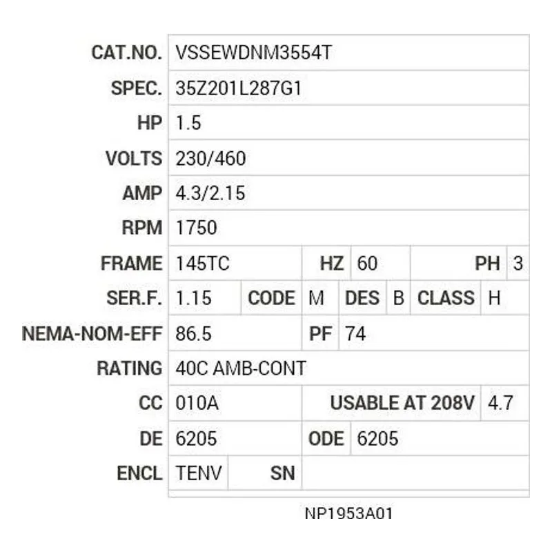 VSSEWDNM3554T Baldor 1.5 HP, 1750 RPM, 3 PH, 60 HZ, 145TC, 3546M, TENV Motor Nameplate - view 2