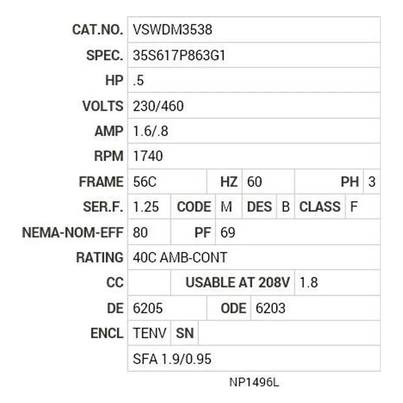 VSWDM3538 Baldor .5 HP, 1740 RPM, 3 PH, 60 HZ, 56C, 3512M, TENV, F1 Motor Nameplate - view 2