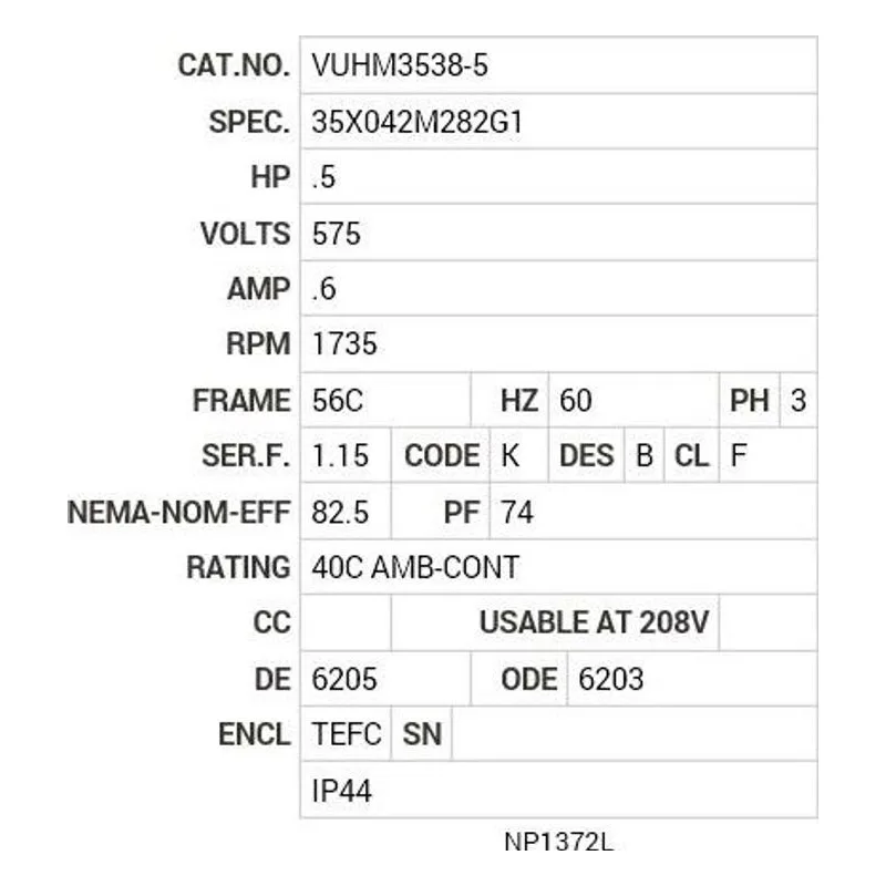 VUHM3538-5 Baldor .5 HP, 1735 RPM, 3 PH, 60 HZ, 56C, 3513M, TEFC, F3 Motor Nameplate - view 2