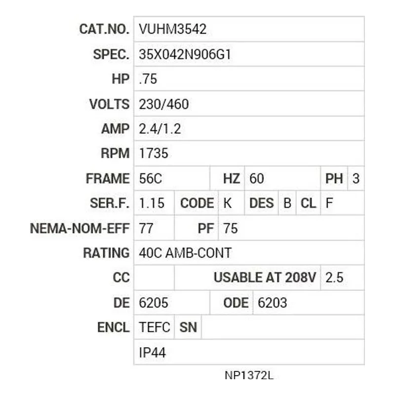 VUHM3542 Baldor .75 HP, 1735 RPM, 3 PH, 60 HZ, 56C, 3513M, TEFC, F3 Motor Nameplate - view 2
