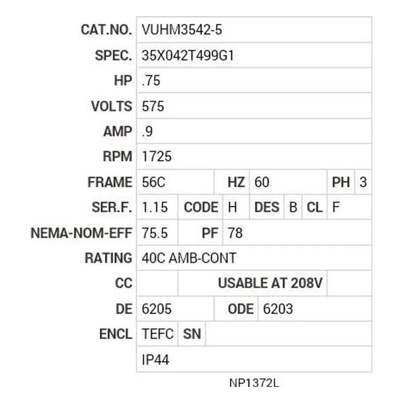 VUHM3542-5 Baldor .75 HP, 1725 RPM, 3 PH, 60 HZ, 56C, 3516M, TEFC, F3 Motor Nameplate - view 2