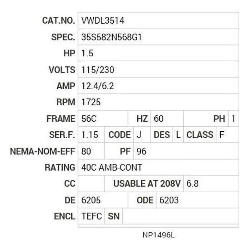 VWDL3514 Baldor 1.5 HP, 1725 RPM, 1 PH, 60 HZ, 56C, 3532LC, TEFC, F Motor Nameplate - view 2