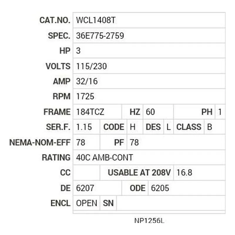 WCL1408T Baldor 3 HP, 1725 RPM, 1 PH, 60 HZ, 184TCZ, 3634LC, OPEN Motor Nameplate - view 2