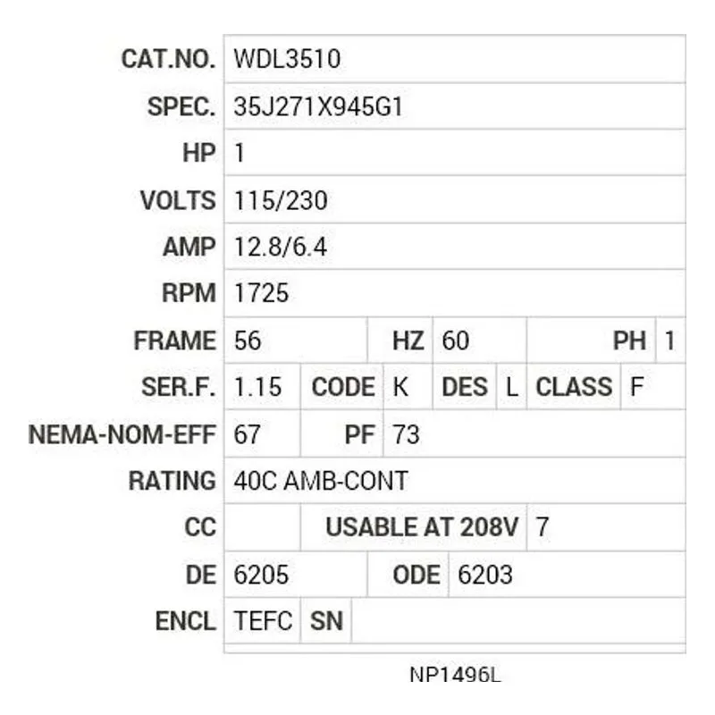 WDL3510 Baldor 1 HP, 1725 RPM, 1 PH, 60 HZ, 56, 3524L, TEFC, F1, N Motor Nameplate - view 2