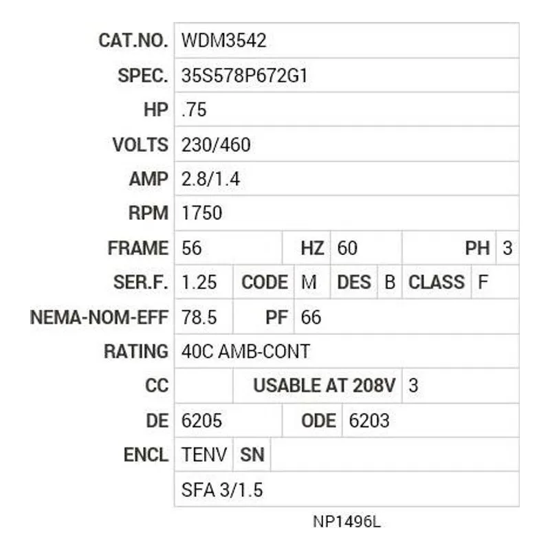 WDM3542 Baldor .75 HP, 1750 RPM, 3 PH, 60 HZ, 56, 3514M, TENV, F1 Motor Nameplate - view 2