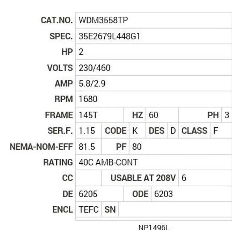 WDM3558TP Baldor 2 HP, 1680 RPM, 3 PH, 60 HZ, 145T, 3528M, TEFC, F3 Motor Nameplate - view 2