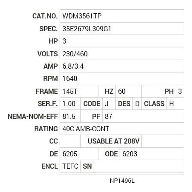 WDM3561TP Baldor 3 HP, 1640 RPM, 3 PH, 60 HZ, 145T, 3544M, TEFC, F3 Motor Nameplate - view 2