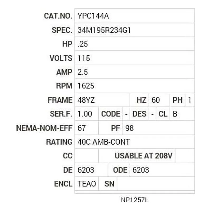 YPC144A Baldor .25 HP, 1625 RPM, 1 PH, 60 HZ, 48YZ, 3408C, TEAO, F Motor Nameplate - view 2