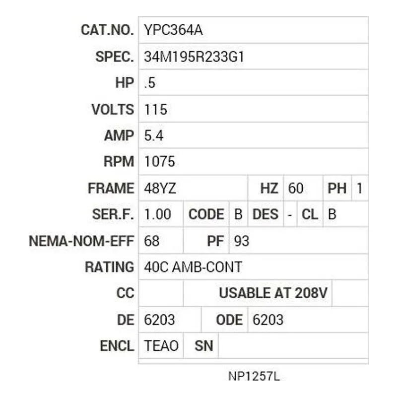 YPC364A Baldor .5 HP, 1075 RPM, 1 PH, 60 HZ, 48YZ, 3420C, TEAO, F1 Motor Nameplate - view 2