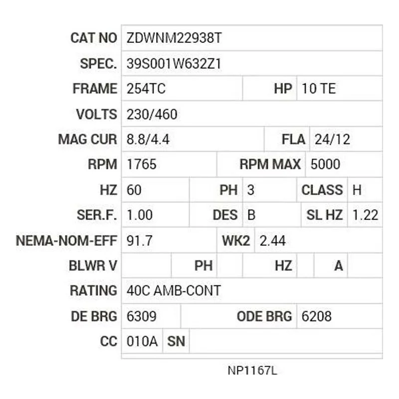 ZDWNM22938T Baldor 10 HP, 1765 RPM, 3 PH, 60 HZ, 254TC, 3956M, TENV Motor Nameplate - view 2