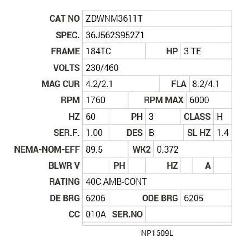 ZDWNM3611T Baldor 3 HP, 1760 RPM, 3 PH, 60 HZ, 184TC, 3640M, TENV, F1 Motor Nameplate - view 2